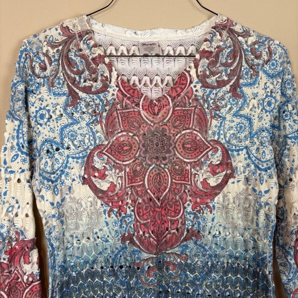 Wrangler Blue/Red/Cream Lightweight Knitted V-Neck Long Sleeve Shirt; Size M - Picture 2 of 8